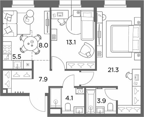 Планировка: Евротрёшка 63,8 м² в ЖК «Станиславский»