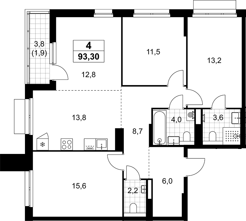 Планировка: Квартира евро-4 91,4 м² в ЖК «Деснаречье»