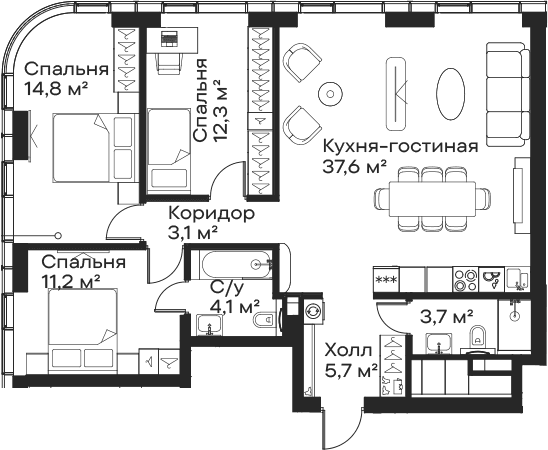 Планировка: Квартира евро-4 92,5 м² в ЖК «Сити Бэй»