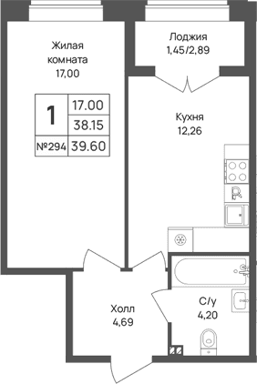 Планировка: 1-комнатная квартира 38,2 м² в ЖК «Капральский берег»