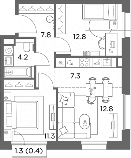 Планировка: Евротрёшка 56,2 м² в ЖК «Станиславский»