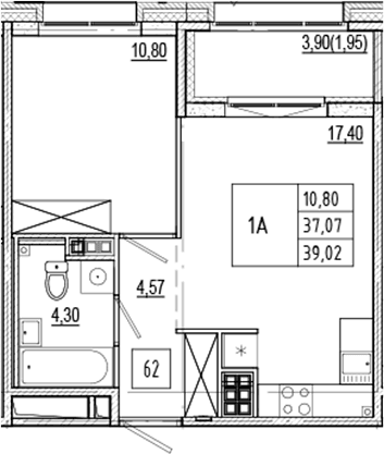 Планировка: Евродвушка 37,1 м² в ЖК «Ranta Residence»