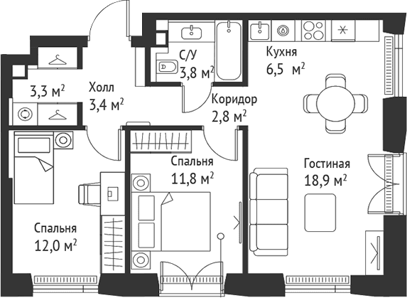 Планировка: Евротрёшка 62,5 м² в ЖК «СЕТ»