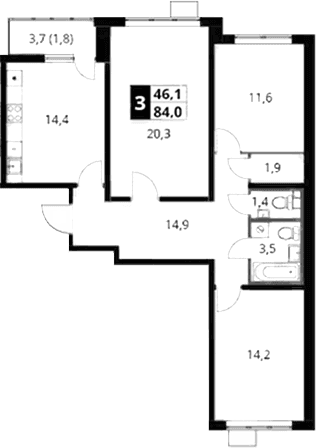 Планировка: 3-комнатная квартира 82,2 м² в ЖК «1-й Южный»