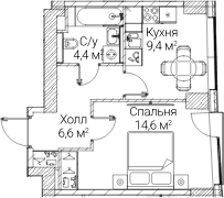 Планировка: 1-комнатная квартира 34,8 м² в ЖК «СЕЗАР БУДУЩЕЕ»