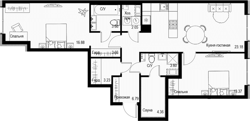 Планировка: Евротрёшка 80,8 м² в ЖК «ID Petrogradskaya»