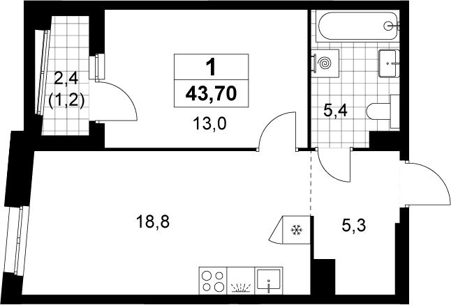 Планировка: Евродвушка 42,5 м² в ЖК «Прокшино»