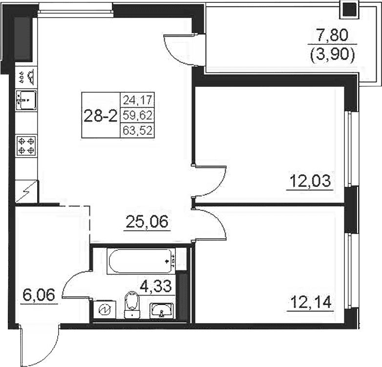 Планировка: Евротрёшка 59,6 м² в ЖК «Поинт Токсово»