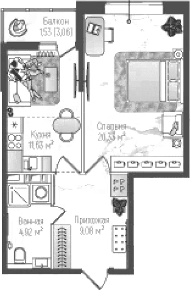 Планировка: 1-комнатная квартира 46 м² в ЖК «Рига Хиллс»