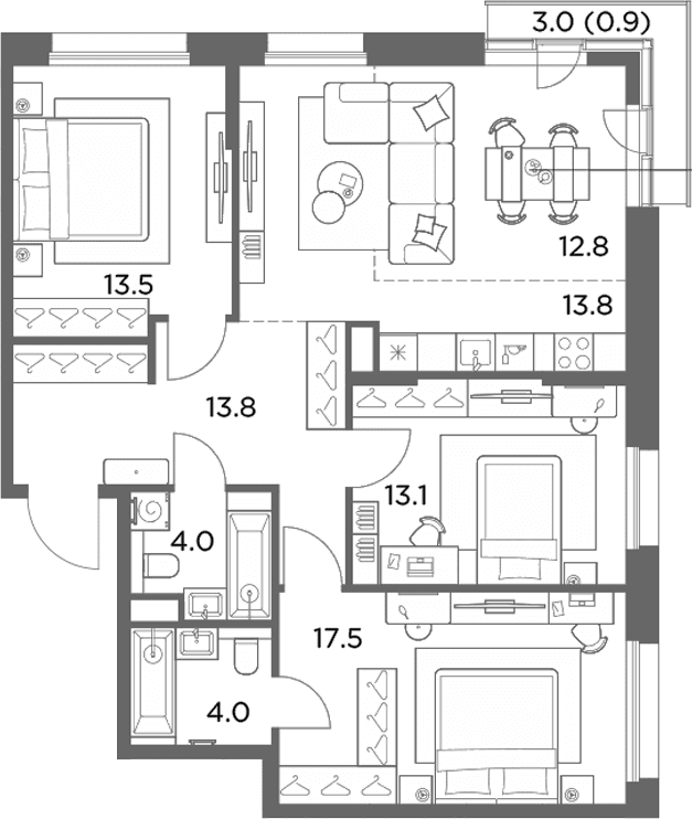 Планировка: Квартира евро-4 92,5 м² в ЖК «Станиславский»