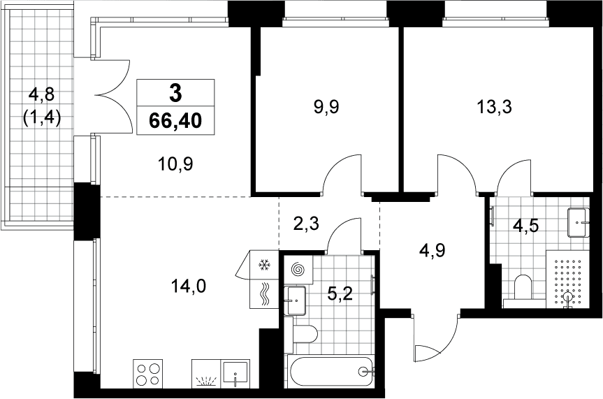 Планировка: Евротрёшка 65 м² в ЖК «Хольм»