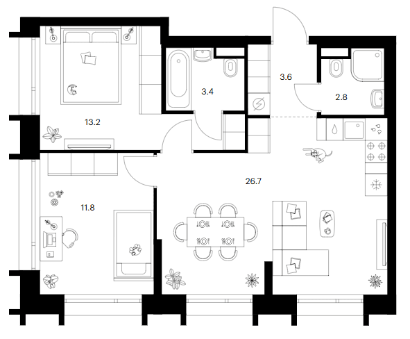 Планировка: 2-комнатная квартира 61,5 м² в ЖК «Зеленый парк»