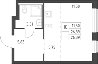 Планировка: Студия 26,4 м² в ЖК «Горки Парк»