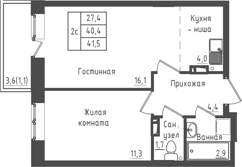 Планировка: 1-комнатная квартира 40,4 м² в ЖК «Зеленый город»