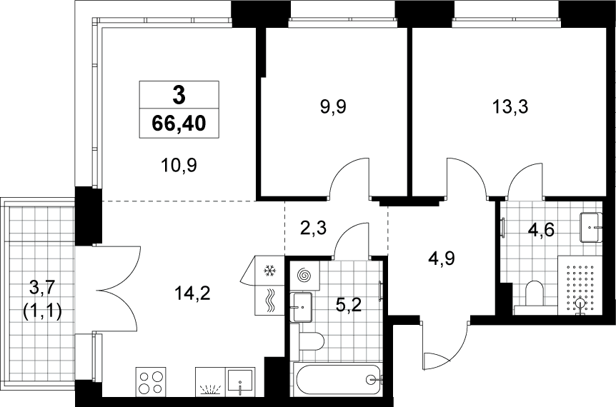 Планировка: Евротрёшка 65,3 м² в ЖК «Хольм»