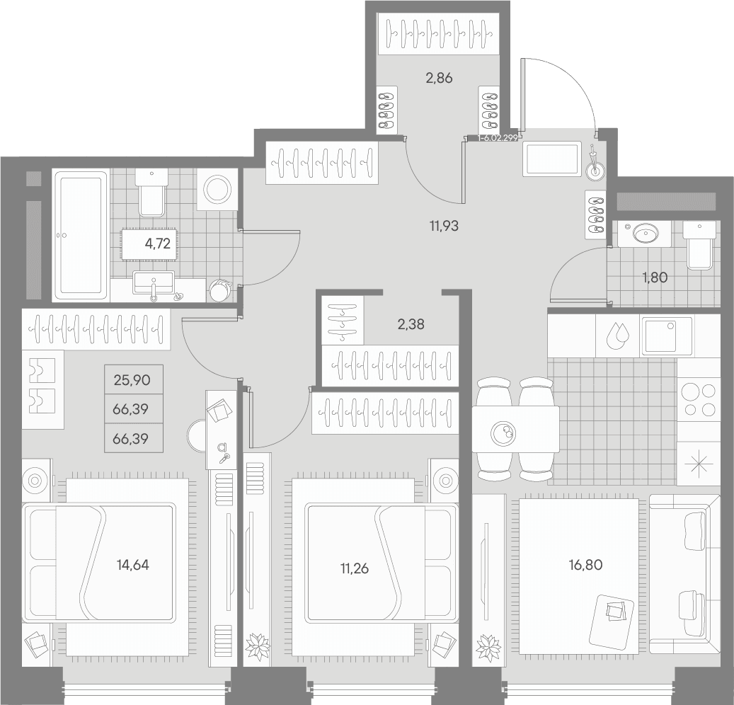 Планировка: Евротрёшка 66,4 м² в ЖК «АВАНТ»