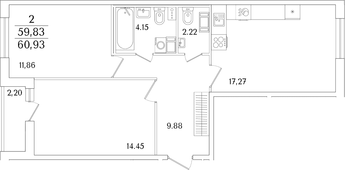 Планировка: Евротрёшка 59,8 м² в ЖК «Кинопарк»