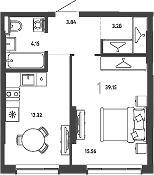 Планировка: 1-комнатная квартира 39,2 м² в ЖК «Страна.Парковая»