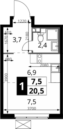 Планировка: Студия 20,5 м² в ЖК «1-й Южный»