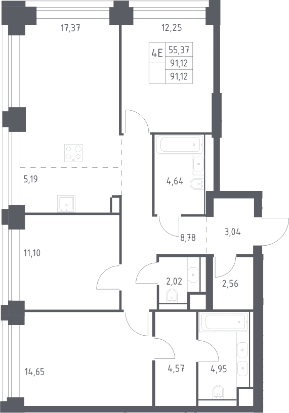 Планировка: Квартира евро-4 91,1 м² в ЖК «НОВА»