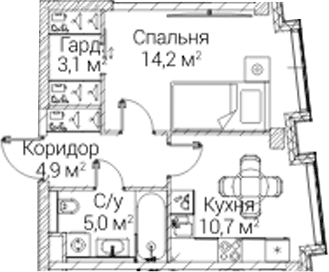 Планировка: 1-комнатная квартира 37,9 м² в ЖК «СЕЗАР БУДУЩЕЕ»