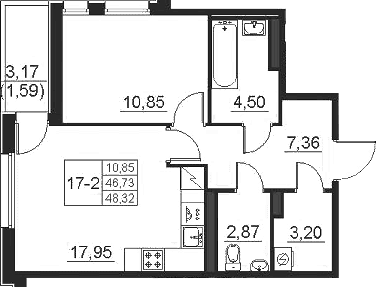 Планировка: Евродвушка 46,7 м² в ЖК «Поинт Токсово»