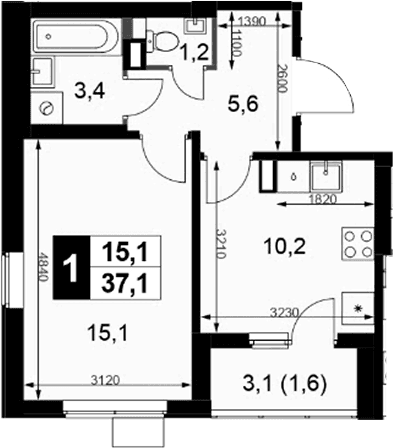 Планировка: 1-комнатная квартира 35,5 м² в ЖК «1-й Химкинский»