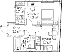 Планировка: 1-комнатная квартира 37,2 м² в ЖК «СЕЗАР БУДУЩЕЕ»