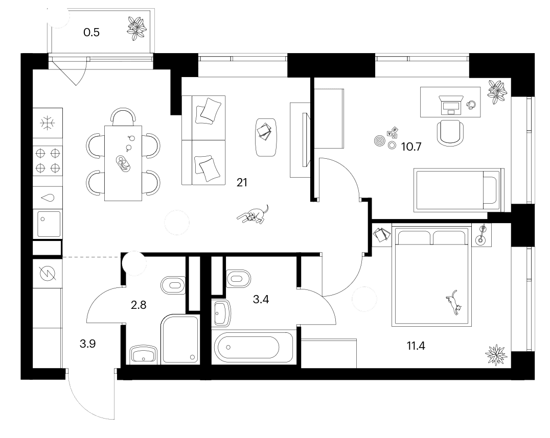 Планировка: 2-комнатная квартира 53,2 м² в ЖК «Бунинская набережная»