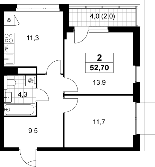 Планировка: 2-комнатная квартира 50,7 м² в ЖК «Деснаречье»
