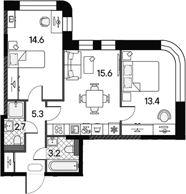 Планировка: Евротрёшка 54,8 м² в ЖК «МАРК»