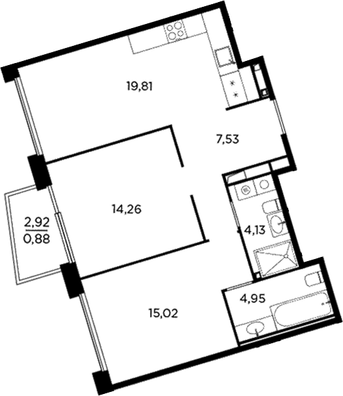 Планировка: Евротрёшка 65,7 м² в ЖК «Акватория»