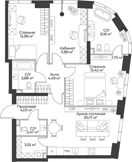 Планировка: Квартира евро-4 86,8 м² в ЖК «Гранд Фили»