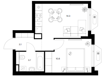 Планировка: 1-комнатная квартира 31,9 м² в ЖК «Зеленый парк»