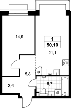 Планировка: Евродвушка 50,1 м² в ЖК «Хольм»