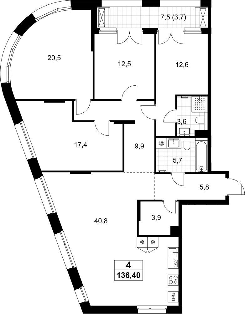 Планировка: Квартира евро-5 132,7 м² в ЖК «Хольм»