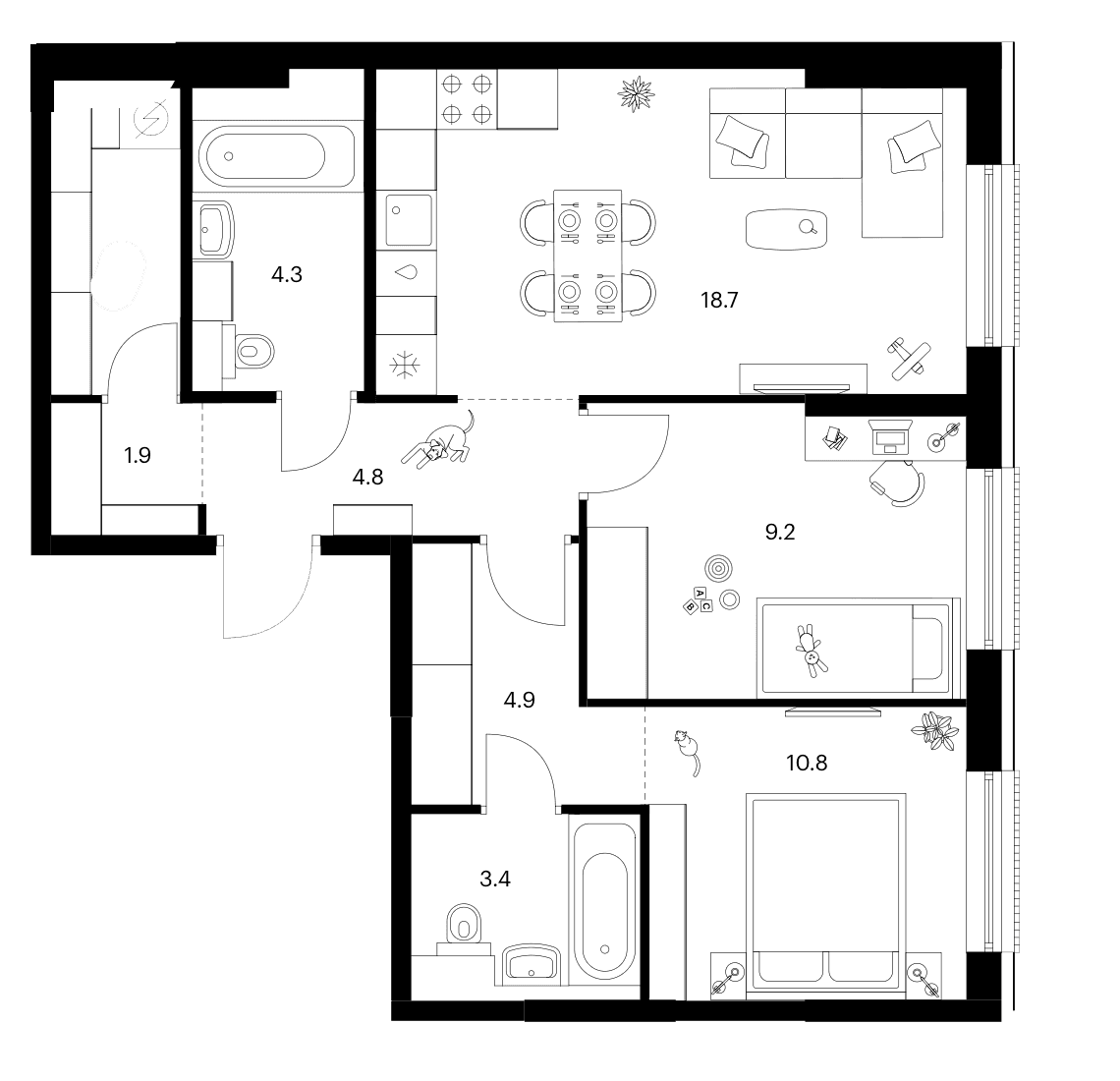 Планировка: Евротрёшка 62,1 м² в ЖК «Москворечье»