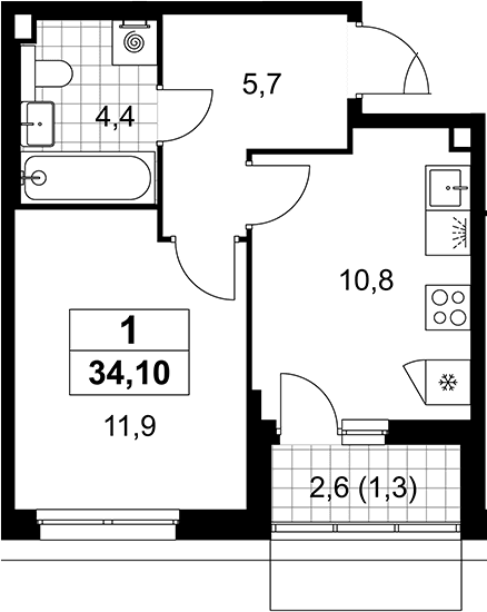 Планировка: 1-комнатная квартира 32,8 м² в ЖК «Деснаречье»