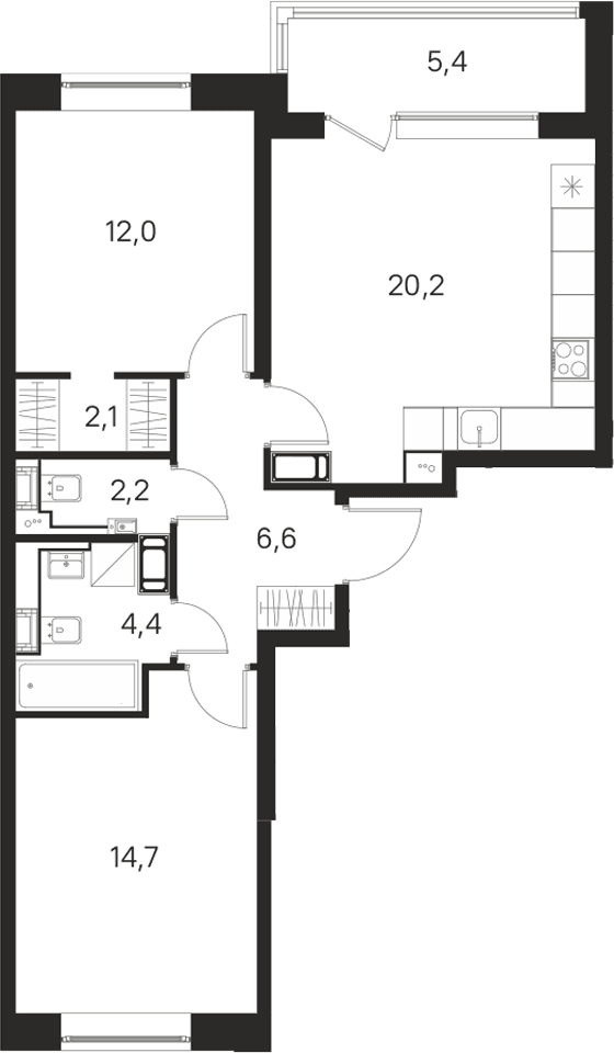 Планировка: Евротрёшка 62,2 м² в ЖК «М36»