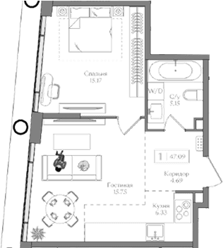 Планировка: Евродвушка 47,1 м² в ЖК «Преображенская площадь»