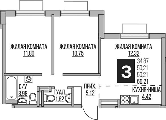 Планировка: Евротрёшка 50,2 м² в ЖК «Гранель Аникеевский»