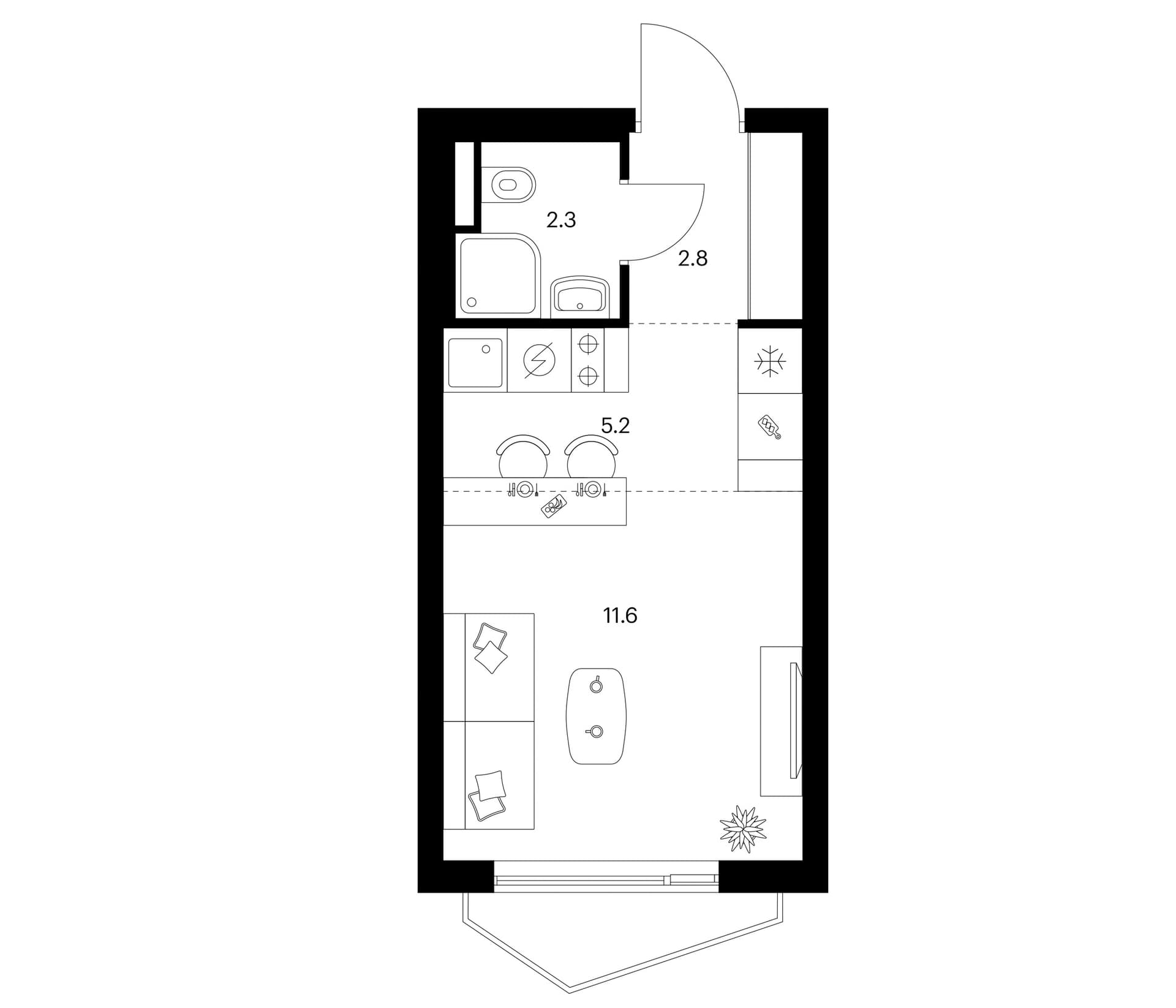 Планировка: Студия 21,9 м² в ЖК «Мичуринский парк»