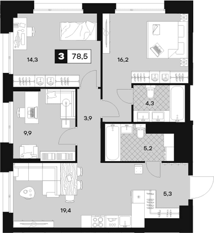 3-комнатная квартира