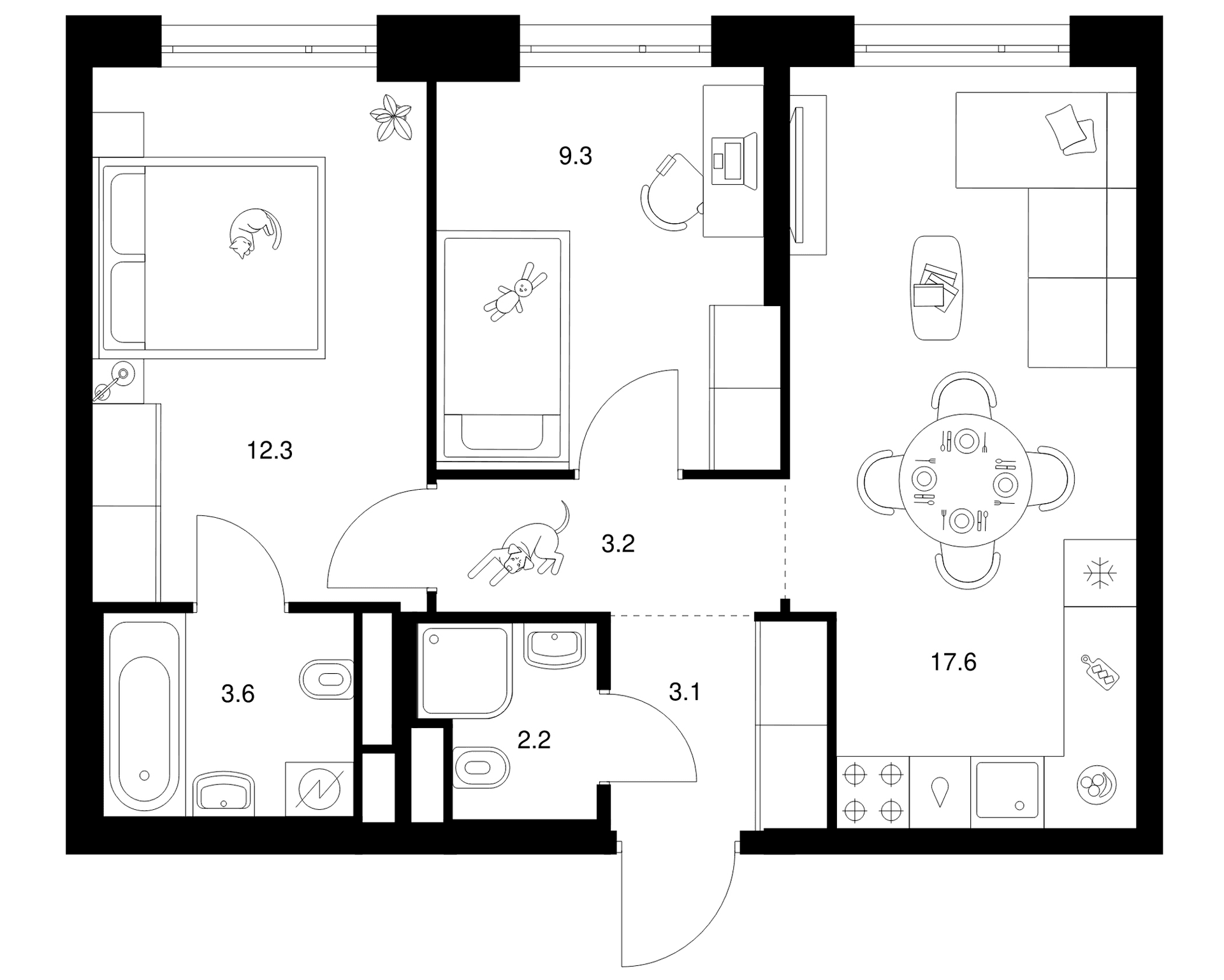 Планировка: 2-комнатная квартира 51,3 м² в ЖК «2-й Иртышский»