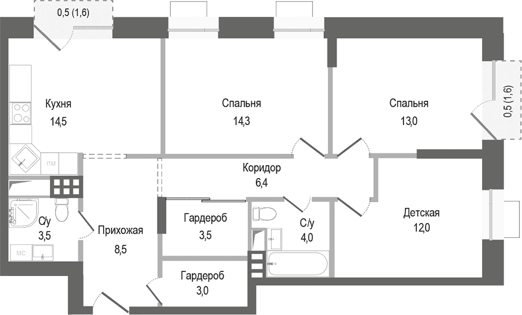 Планировка: 3-комнатная квартира 82,7 м² в ЖК «Киноквартал»