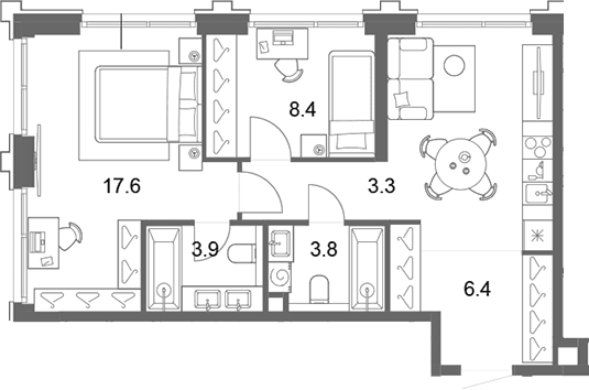 Планировка: Евротрёшка 57,1 м² в ЖК «ОМ Ботанический»