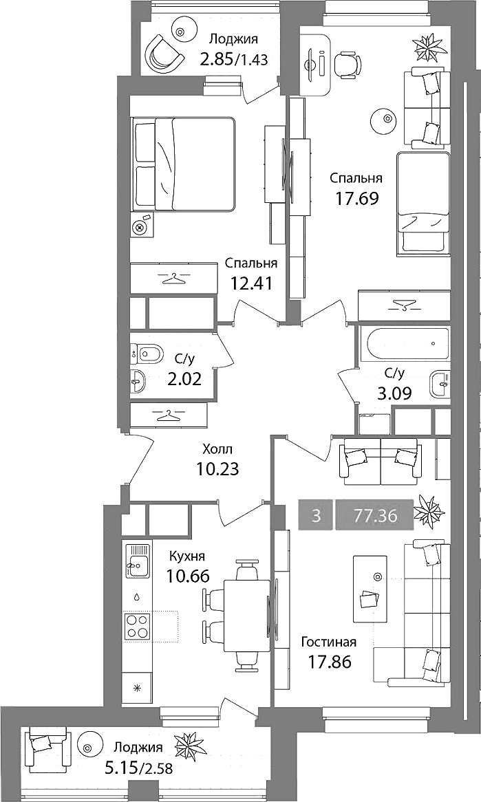 Планировка: 3-комнатная квартира 73,4 м² в ЖК «Планерный квартал»