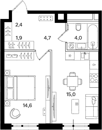 Планировка: 1-комнатная квартира 42,6 м² в ЖК «Мангазея на Речном»