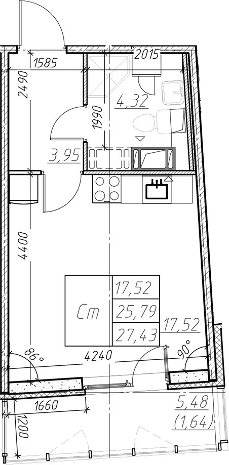 Планировка: Студия 25,8 м² в ЖК «Левитан»