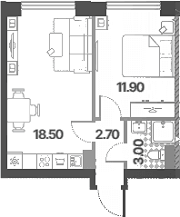 Планировка: Евродвушка 36,1 м² в ЖК «Обручева 30»